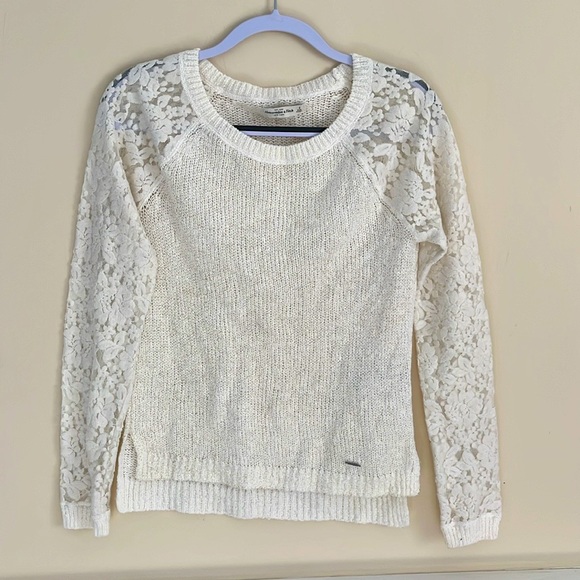 ABERCROMBIE & FITCH Cream Lace Sleeve Gold Fleck Pullover Sweater Size S - Picture 2 of 8